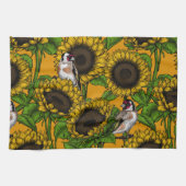 Zonnebloemen en goudvinken op sinaasappel theedoek (Horizontaal)
