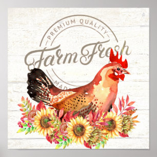Zonnebloemen en kippenboerderij vers poster