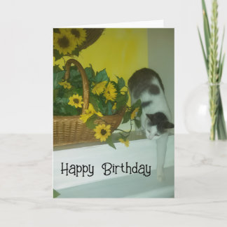 Zonnebloemen en Kittige Kat Verjaardag Kaart