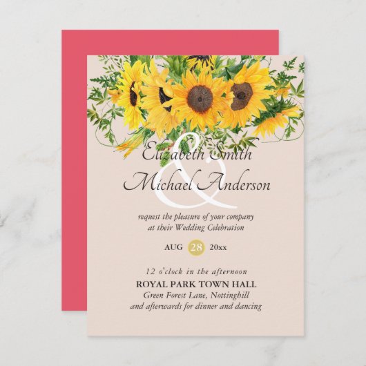 Zonnebloemen en Koraal Trouw Uitnodigingen (Voorkant / Achterkant)