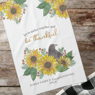Zonnebloemen en kraai Dankbare Thanksgiving Famili Theedoek