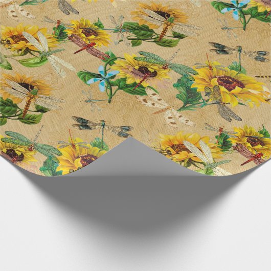 zonnebloemen en libellen cadeaupapier (Hoek)