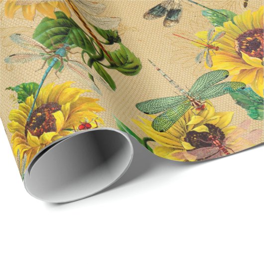 zonnebloemen en libellen cadeaupapier (Rol Hoek)