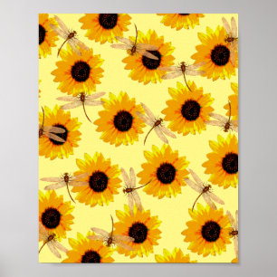 Zonnebloemen en libellen; poster