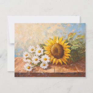 Zonnebloemen en Madeliefjes op Rustieke Tafel Briefkaart