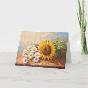 Zonnebloemen en Madeliefjes op Rustieke Tafel Kaart