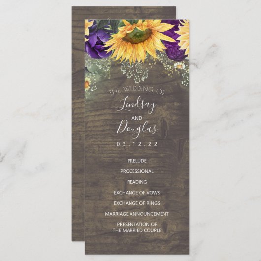 Zonnebloemen en Paarse Roos bruiloft programma's (Voorkant / Achterkant)