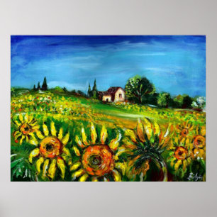 ZONNEBLOEMEN EN PLATTELAND IN TUSCANIE POSTER