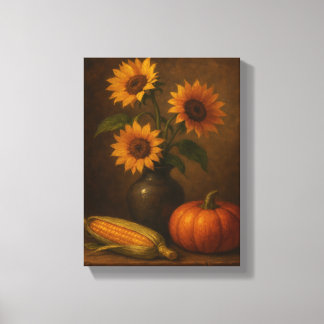 Zonnebloemen en pompoen herfst stilleven canvas afdruk