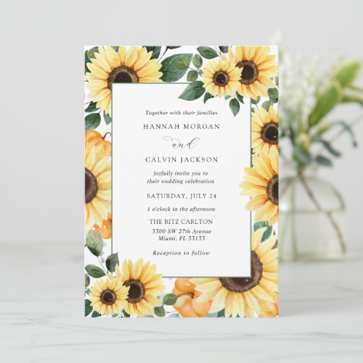 Zonnebloemen en pompoenen bruiloft uitnodiging (Staand voorkant)