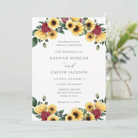 Zonnebloemen en Rozen Herfst bruiloft uitnodiging (Staand voorkant)