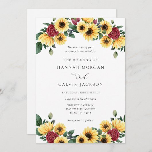 Zonnebloemen en Rozen Herfst bruiloft uitnodiging (Voorkant / Achterkant)