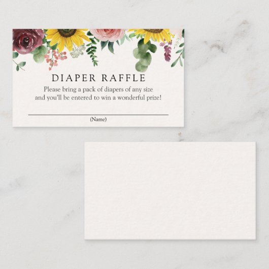 Zonnebloemen en Rozen Luier Raffle insert kaart (Voorkant / Achterkant)