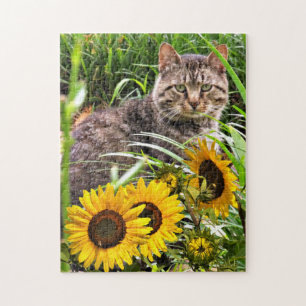 Zonnebloemen en Schattigee Kat Jigsaw Puzzel