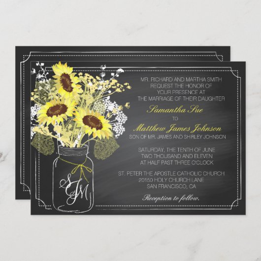 Zonnebloemen en schoolbord bruiloft uitnodiging Ka (Voorkant / Achterkant)