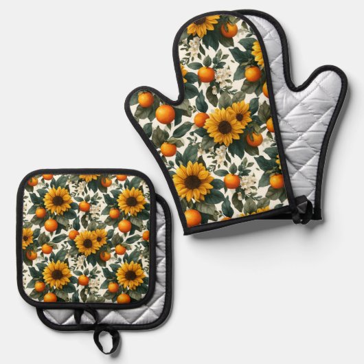Zonnebloemen en Sinaasappels Autumn Design Ovenwant & Pannenlap Set (Voorkant / Achterkant)