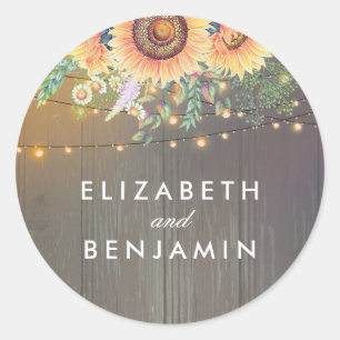 Zonnebloemen en String Lights Rustieke Houten Schu Ronde Sticker
