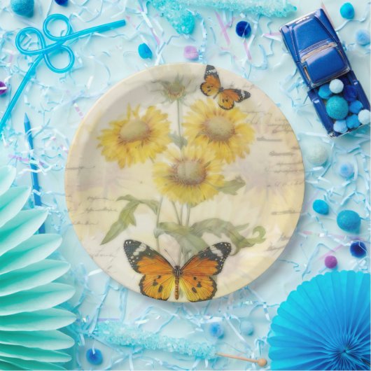 Zonnebloemen en vlinder papieren bordje (Feest)