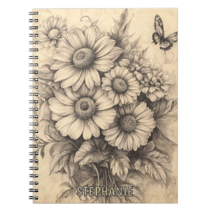 Zonnebloemen en vlinder - Rustiek oud papier Notitieboek