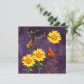 Zonnebloemen en vlinders, Birthday Invite Kaart (Staand voorkant)