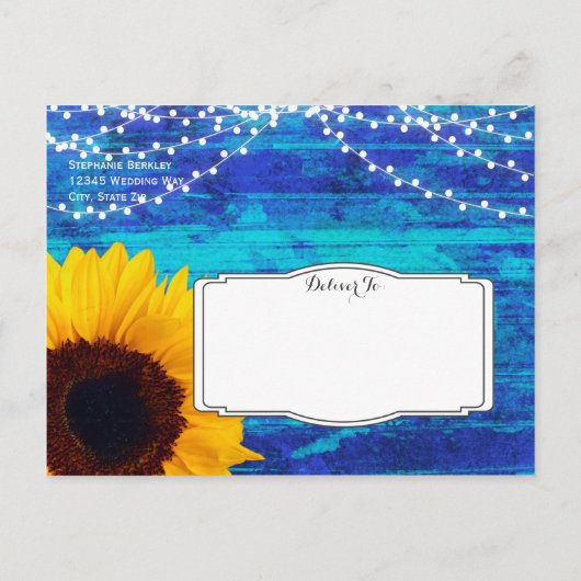 Zonnebloemen en vuurlicht blauw Sla de datum op Aankondigingskaart (Achterkant)