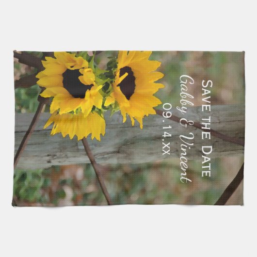 Zonnebloemen en wielweduwen sparen de datum theedoek (Horizontaal)