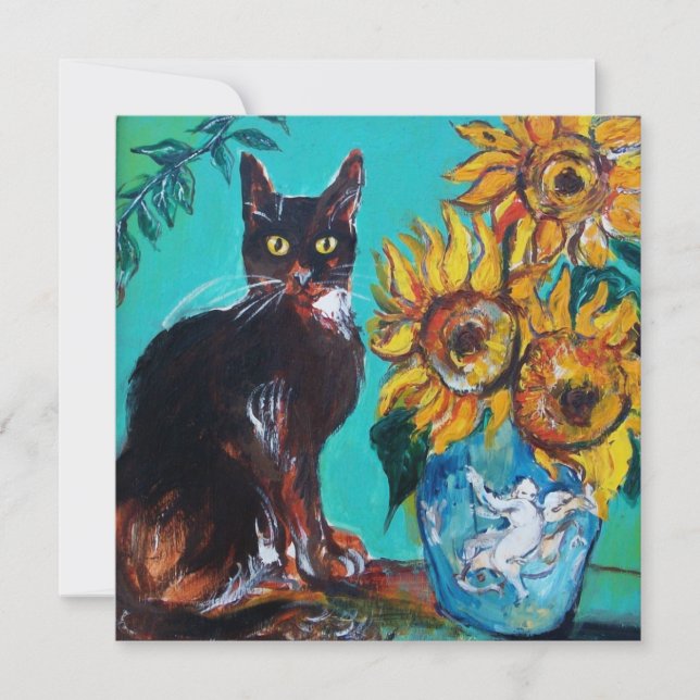 ZONNEBLOEMEN EN ZWARTE KAT IN BLAUW GROENBLAUW Zom (Voorkant)