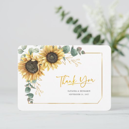 Zonnebloemen Eucalyptpus Greenery Wedding Bedankkaart (Staand voorkant)