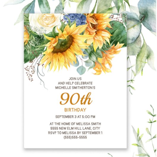Zonnebloemen Eucalyptus 90th Birthday Briefkaart