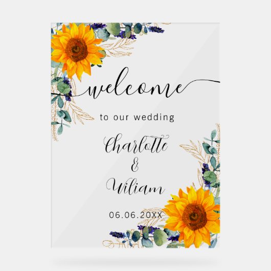 Zonnebloemen eucalyptus bruiloft welkom acryl bord (Voorkant)
