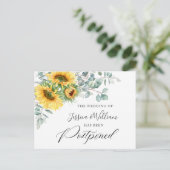 Zonnebloemen eucalyptus chique bruiloft uitgesteld briefkaart (Staand voorkant)