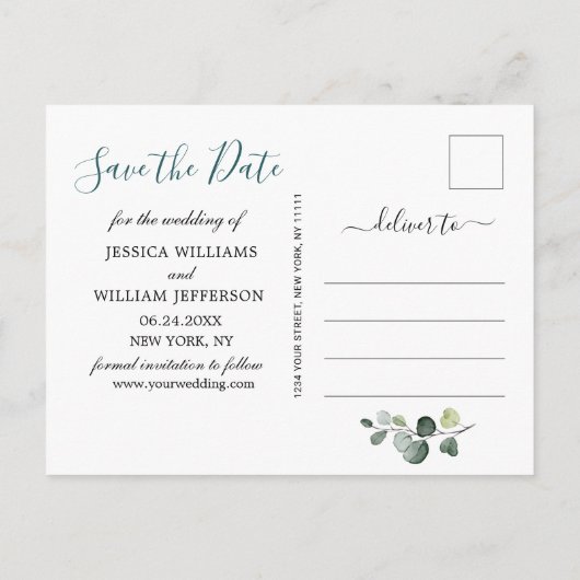 Zonnebloemen Eucalyptus FOTO Bruiloft Save the Dat Aankondigingskaart (Achterkant)