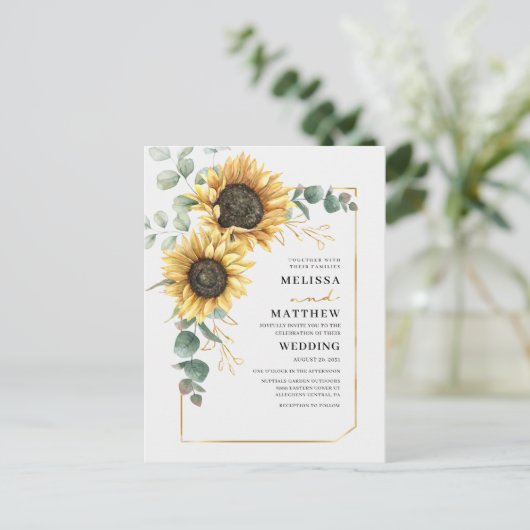 Zonnebloemen Eucalyptus Geometric Gold Lijst Uitnodiging Briefkaart (Staand voorkant)