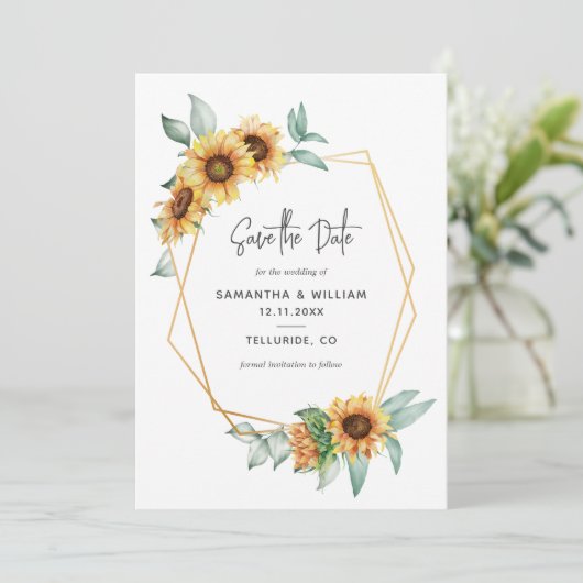 Zonnebloemen Eucalyptus Geometric Save The Date (Staand voorkant)