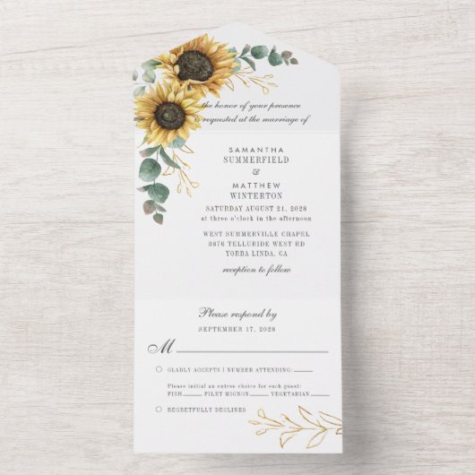 Zonnebloemen Eucalyptus Greenery Wedding All In One Uitnodiging (Binnen)