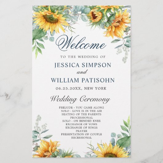 Zonnebloemen Eucalyptus Huwelijksceremonie Program (Voorkant)