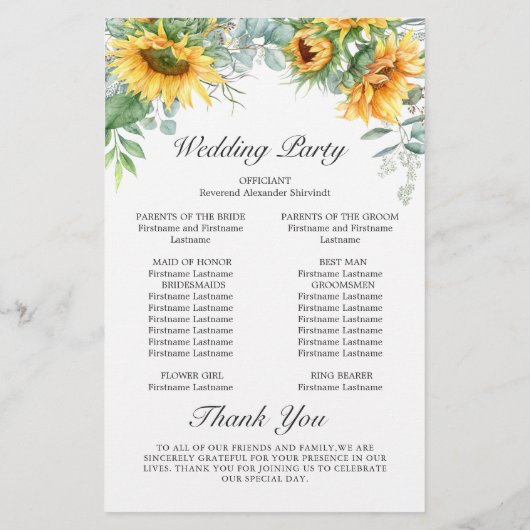 Zonnebloemen Eucalyptus Huwelijksceremonie Program (Achterkant)