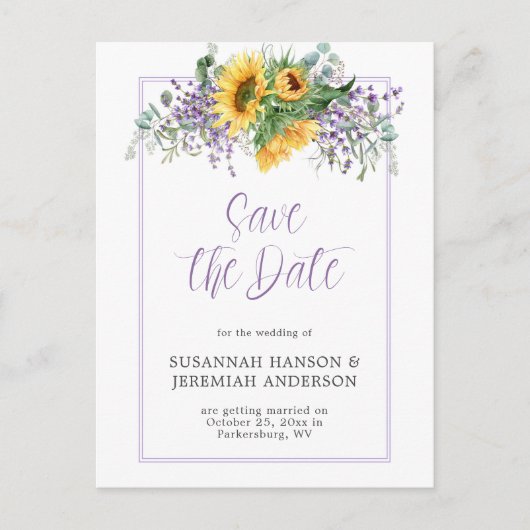 Zonnebloemen Eucalyptus Lavender Save the Date Aankondigingskaart (Voorkant)
