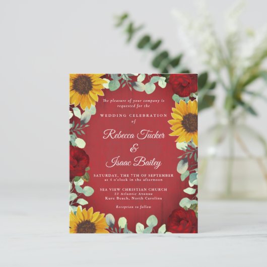 Zonnebloemen Eucalyptus Red Rose Wood Weddenschap (Staand voorkant)