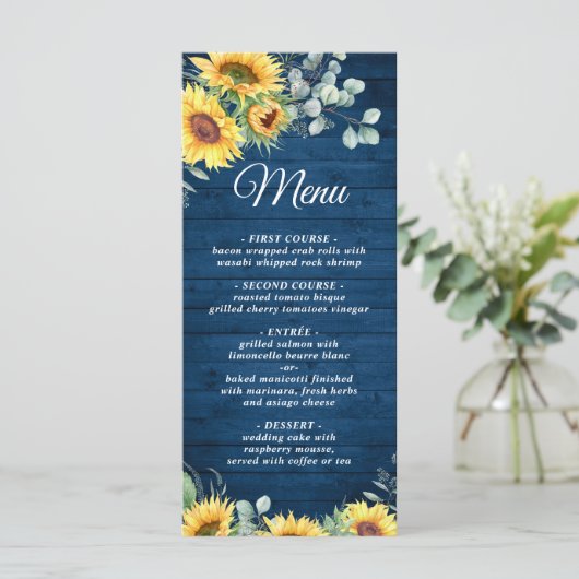 Zonnebloemen Eucalyptus rustiek blauw hout bruilof Menu (Staand voorkant)