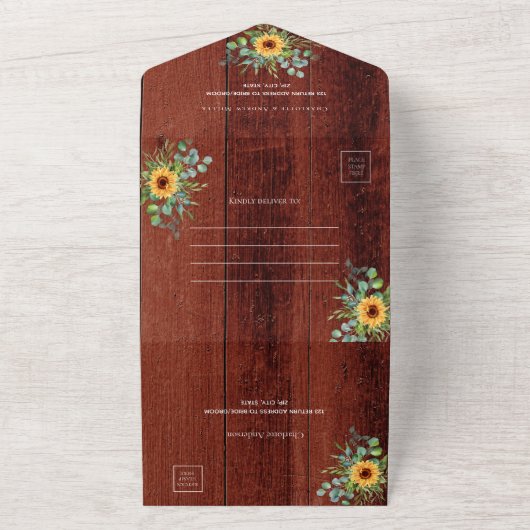 Zonnebloemen Eucalyptusbruine bruinhoutbruiloft All In One Uitnodiging (Buitenkant)