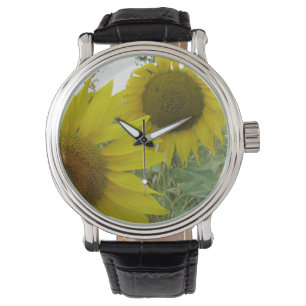 Zonnebloemen Foto Custom Zwart  Leder Horloge