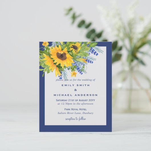 Zonnebloemen Geel Blauw Bloemige Trouw Uitnodiging (Staand voorkant)