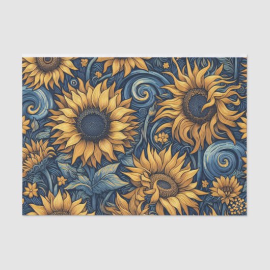 Zonnebloemen Geel en Blauw Swirls Decoupage Tissuepapier (Voorkant)