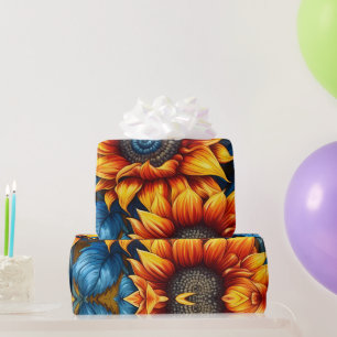 Zonnebloemen geel rood en blauw cadeaupapier