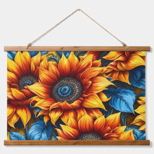 Zonnebloemen geel rood en blauw hangend wandkleed