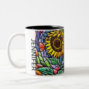 Zonnebloemen, Glas in lood-effect Aangepaste kunst Tweekleurige Koffiemok