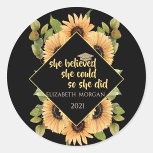 Zonnebloemen Glitter Afstudeerhoed Ronde Sticker