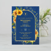 Zonnebloemen Goud Katholieke Trouw Elegant Blauw Folie Uitnodiging (Staand Voorkant)
