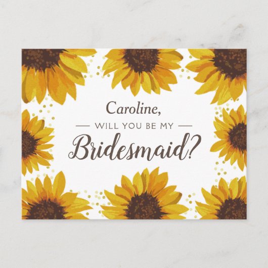 Zonnebloemen & gouden Stippen Wil Je Mijn Bruidsme Uitnodiging Briefkaart (Voorkant)
